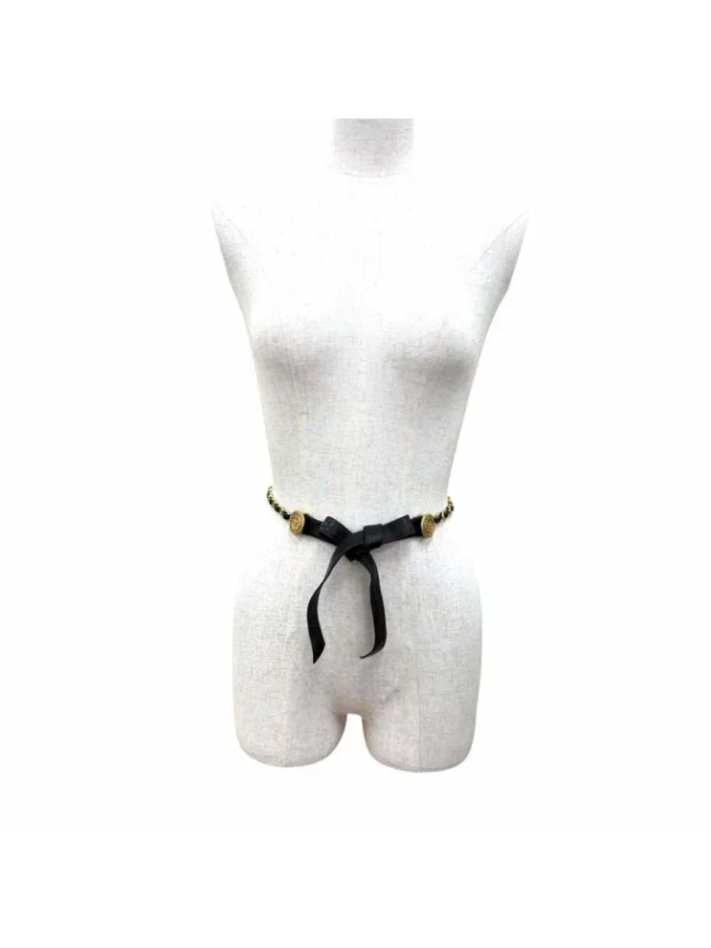 Chanel Vintage Metal CC Logo Leather Chain Ribbon Belt Gold Black